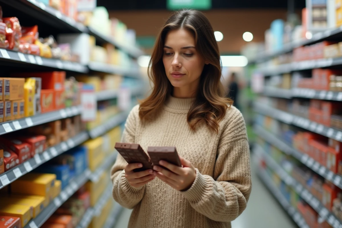 Femme compare deux chocolats en supermarche