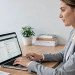 Femme consultant le plan du site d'un blog business sur son ordinateur portable dans un bureau moderne