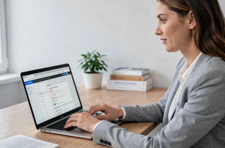 Femme consultant le plan du site d'un blog business sur son ordinateur portable dans un bureau moderne