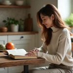 Femme souriante dans une cuisine chaleureuse et élégante