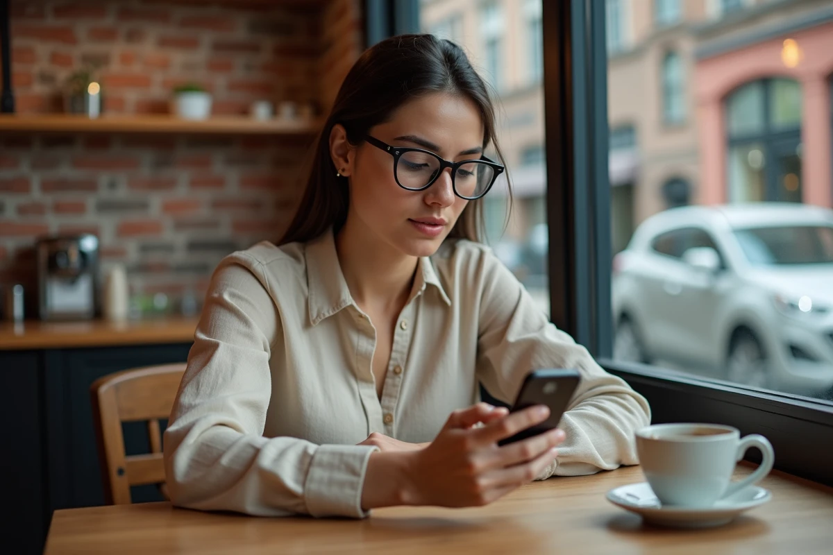 Femme découvrant les nouveautés de Dubraz sur smartphone dans un café en 2026