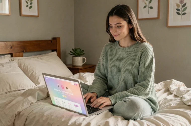 Jeune femme explorant un site sur l'univers des rêves depuis son lit avec un laptop