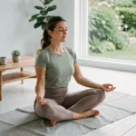 Femme pratiquant la méditation en position assise sur un tapis de yoga dans un salon minimaliste lumineux pour prendre soin d'elle au quotidien