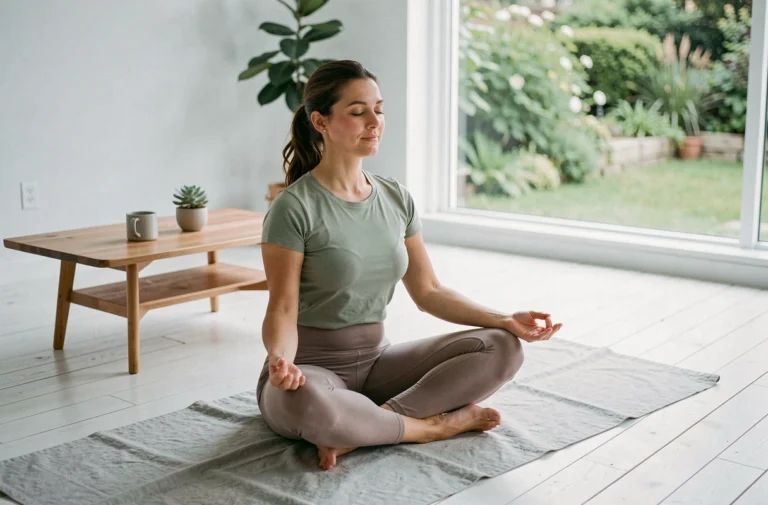 Femme pratiquant la méditation en position assise sur un tapis de yoga dans un salon minimaliste lumineux pour prendre soin d'elle au quotidien