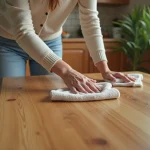 Femme nettoyant une table en bois avec un chiffon