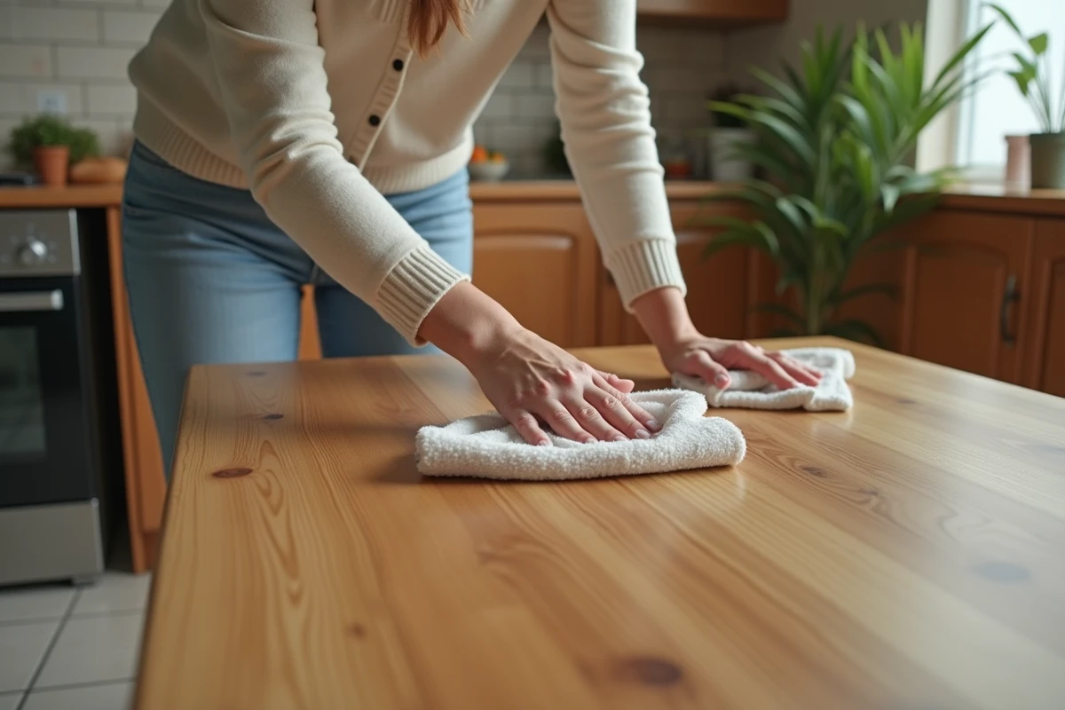 Femme nettoyant une table en bois avec un chiffon