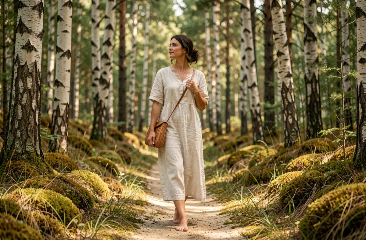 Jeune femme se promenant pieds nus dans une forêt de bouleaux pour se ressourcer et retrouver l'équilibre intérieur au quotidien