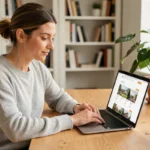 Femme consultant des annonces immobilières sur un ordinateur portable dans un bureau à domicile moderne et épuré
