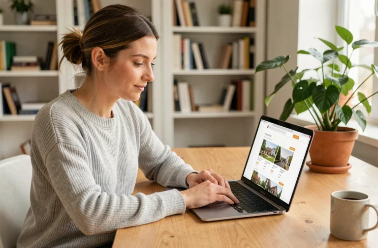 Femme consultant des annonces immobilières sur un ordinateur portable dans un bureau à domicile moderne et épuré