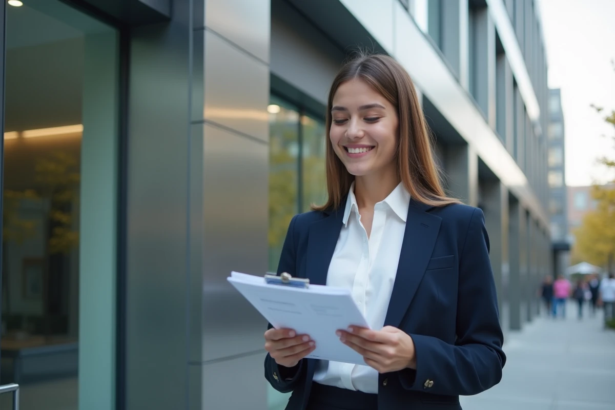 Femme souriante vérifie un formulaire de renouvellement devant un bâtiment moderne