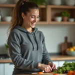 Femme sportive préparant une salade dans une cuisine moderne