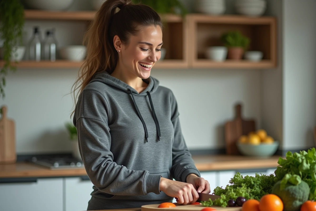 Femme sportive préparant une salade dans une cuisine moderne