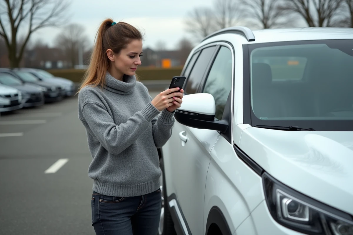 Femme photographiant un voyant orange allumé sur le tableau de bord de son Peugeot 5008 dans un parking