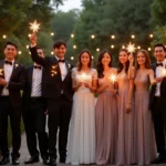 Groupe d'invites en soirée dans un jardin romantique