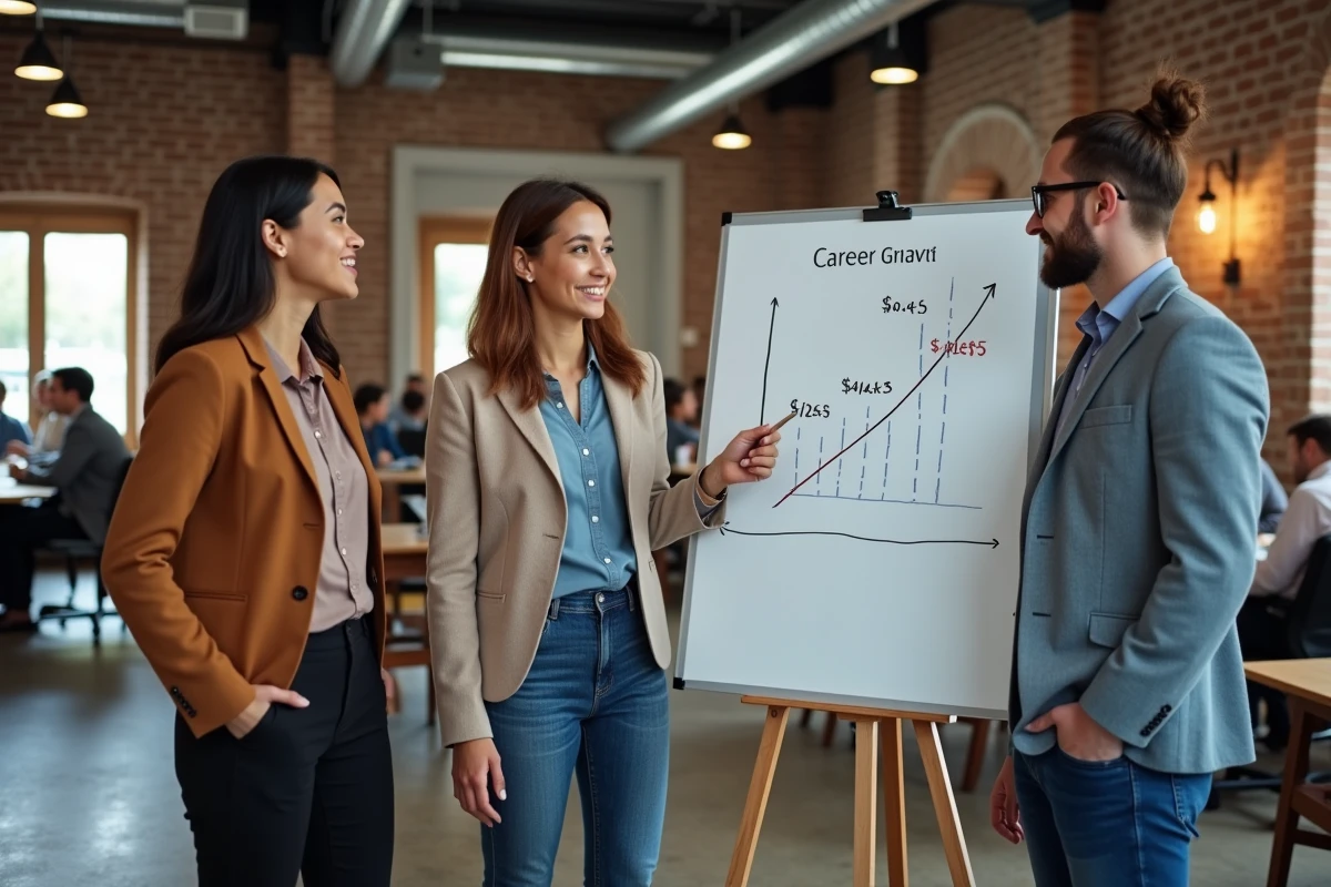 Groupe de jeunes professionnels discutant de stratégies de carrière et d'objectifs salariaux autour d'un tableau blanc dans un espace de coworking moderne