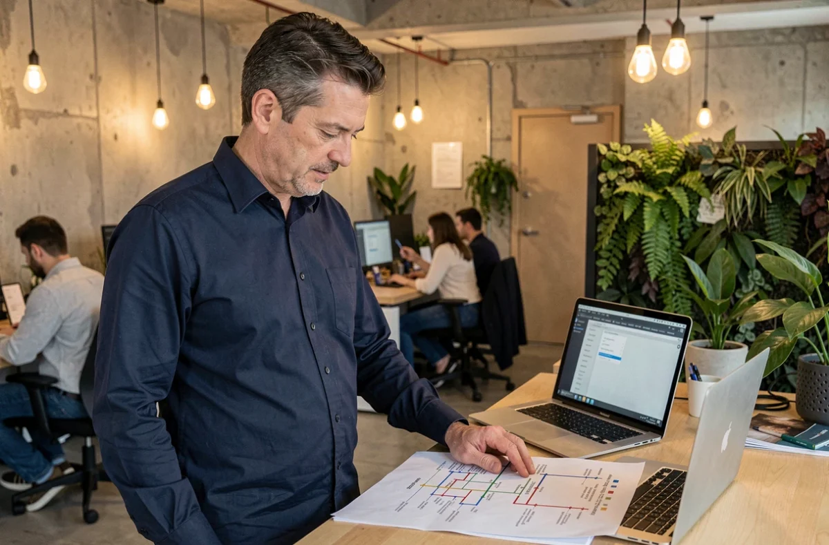 Homme analysant un plan de site imprimé dans un espace de coworking pour améliorer sa navigation web