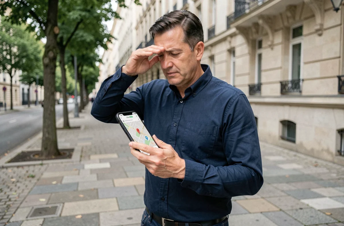 Homme consultant une application immobilière sur smartphone devant un immeuble résidentiel en ville