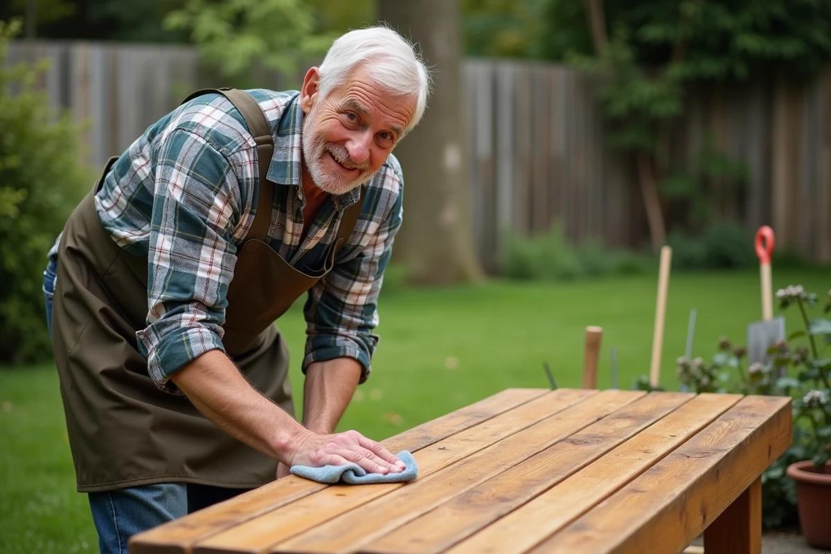 Homme appliquant de l alcool sur un banc en bois dans le jardin