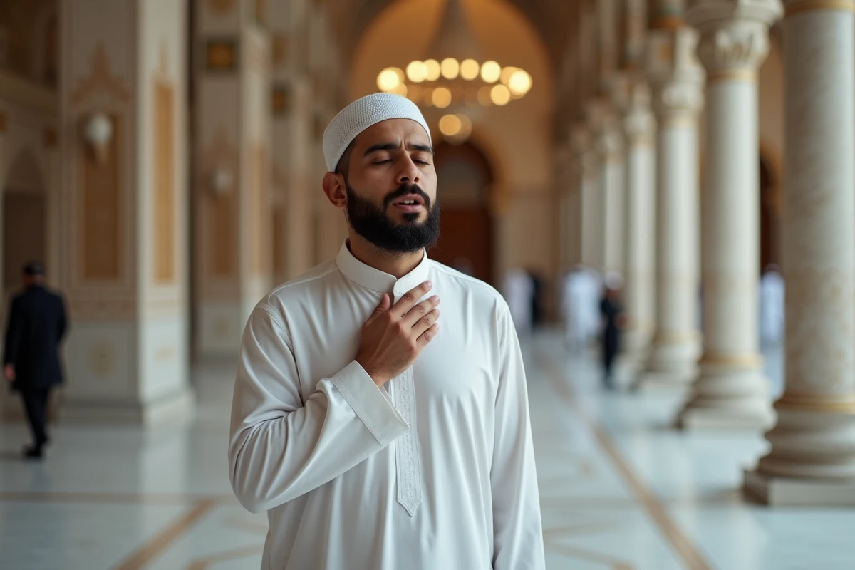 Homme musulman bâillant discrètement pendant la prière dans une mosquée