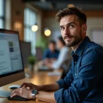 Homme consultant la nouvelle adresse du site Dubraz sur un ordinateur dans un bureau moderne en 2026
