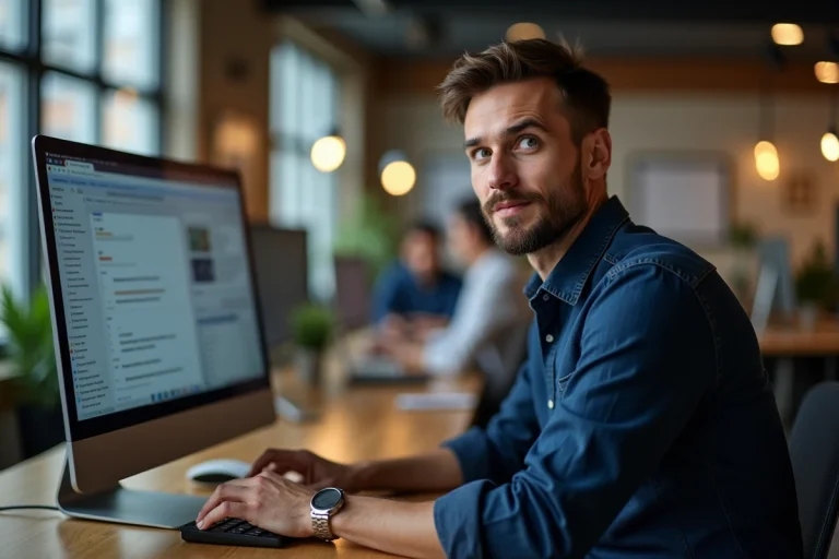Homme consultant la nouvelle adresse du site Dubraz sur un ordinateur dans un bureau moderne en 2026