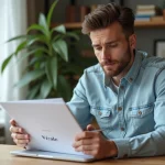 Homme en denim examine des documents Visale sur son bureau