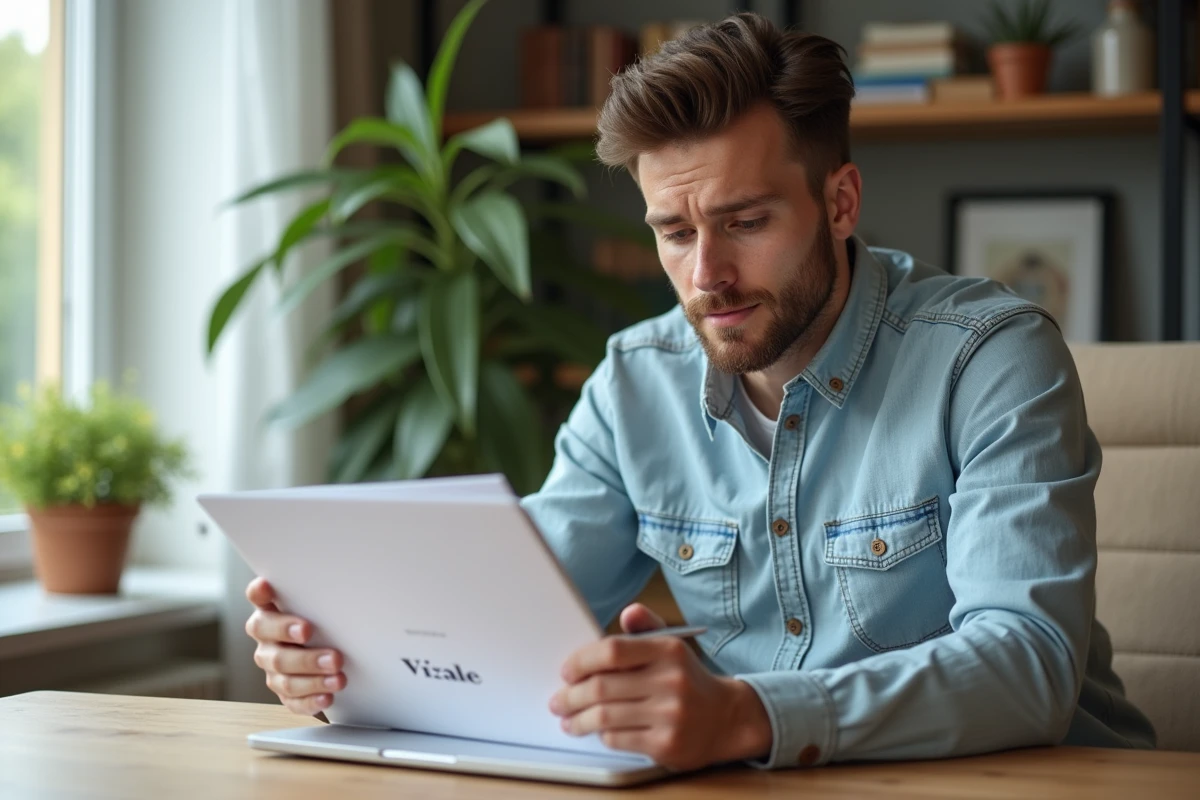Homme en denim examine des documents Visale sur son bureau