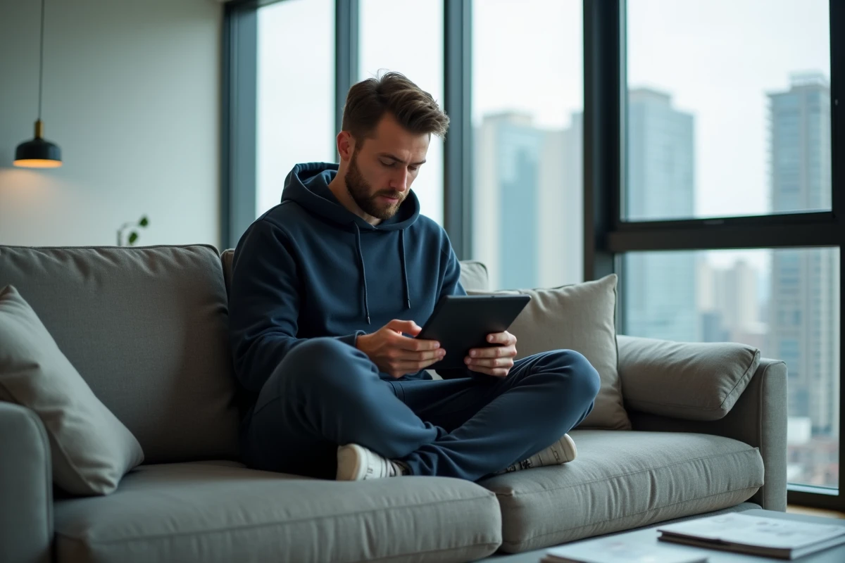 Jeune homme consultant des tendances de blogs sur une tablette dans un appartement contemporain