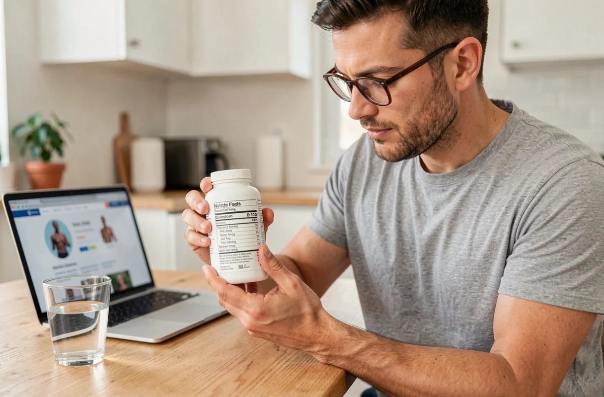 Homme lisant attentivement l'étiquette nutritionnelle d'un flacon de compléments alimentaires dans sa cuisine