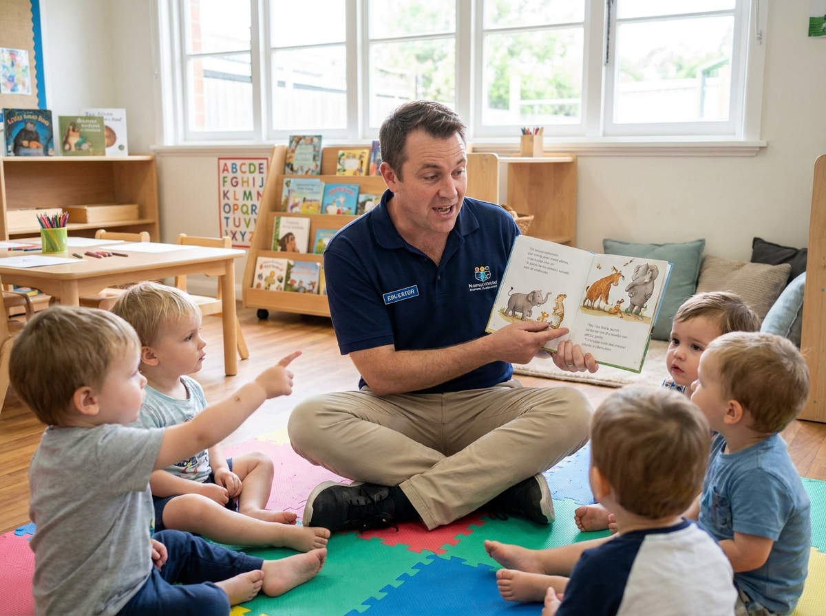 Homme en reconversion professionnelle lisant un livre illustré à des tout-petits assis en demi-cercle dans une salle de classe de crèche