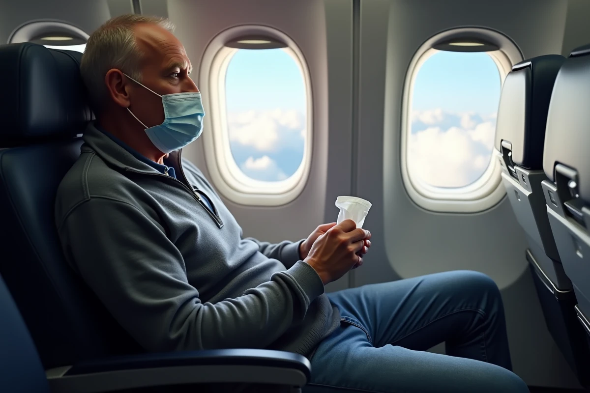 Homme en vol regardant par la fenetre de l avion