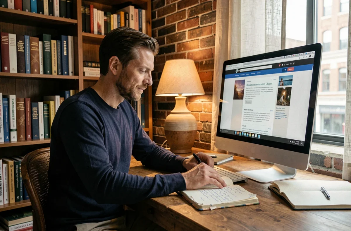 Homme consultant un site web sur l'interprétation des rêves dans un bureau à domicile