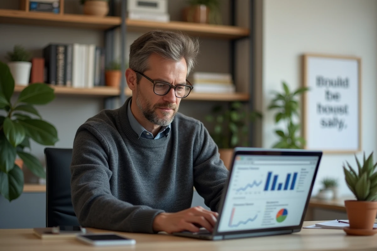 Homme professionnel en télétravail consultant des ressources sur la négociation salariale sur un ordinateur portable dans un bureau à domicile moderne