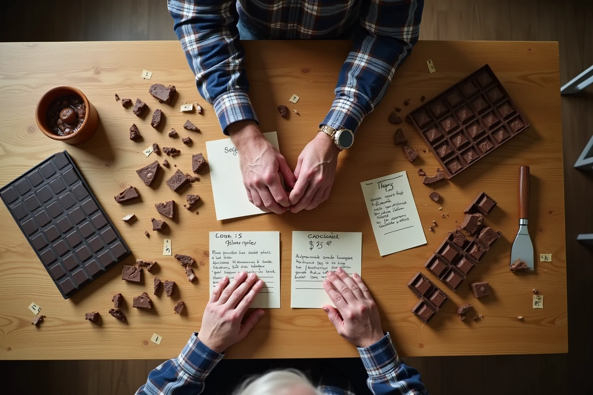Homme trie des chocolats sur une table en cuisine