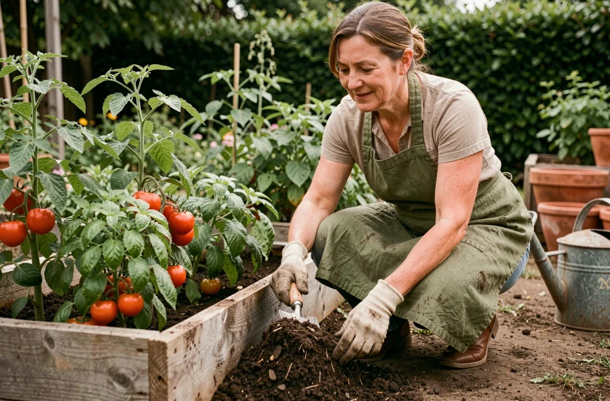 Femme jardinant dans un potager bio en bois, incorporant du compost dans la terre entre des plants de tomates et de basilic