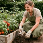 Femme jardinant dans un potager bio en bois, incorporant du compost dans la terre entre des plants de tomates et de basilic