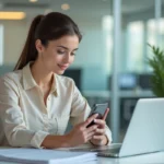 Jeune femme au bureau avec smartphone et documents