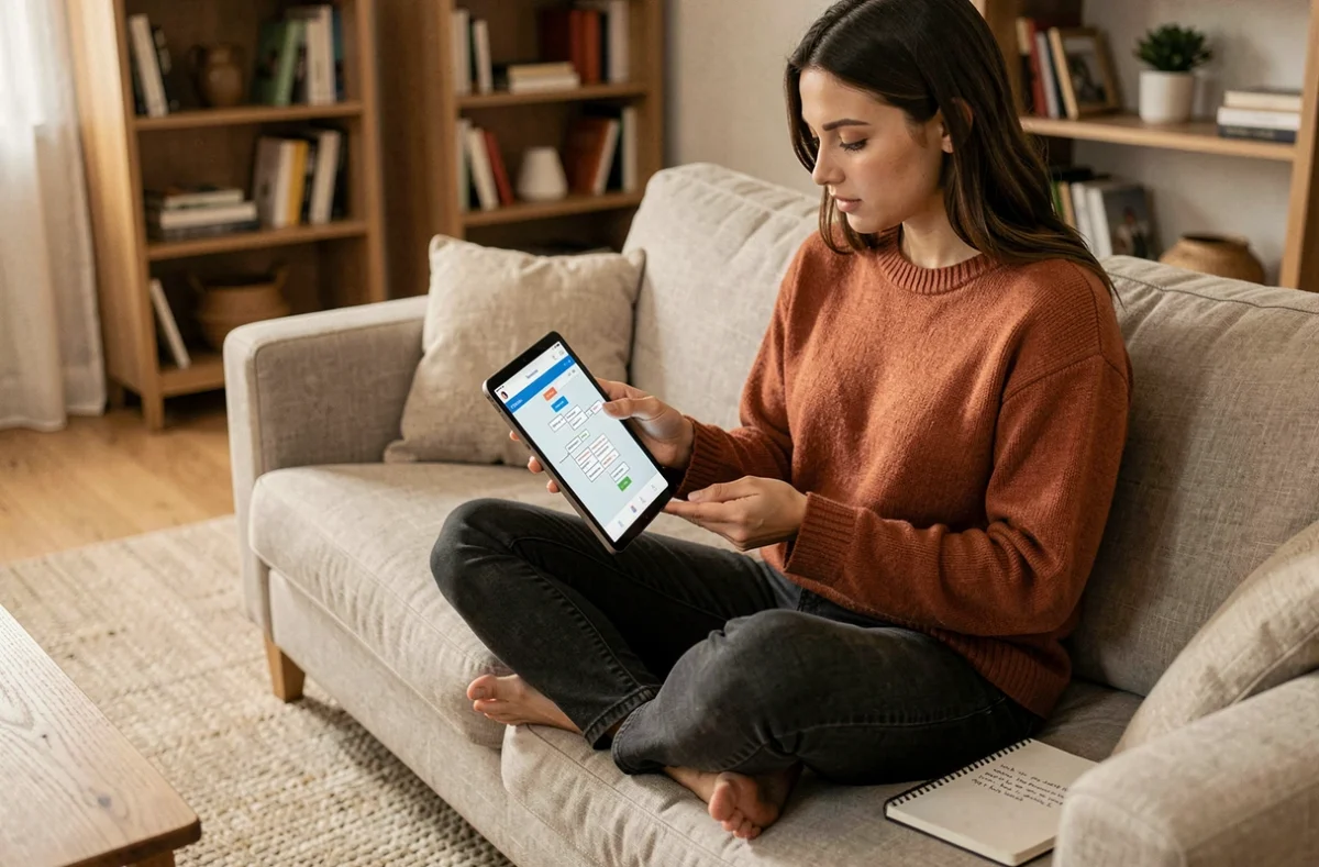Jeune femme explorant le plan d'un site web business sur une tablette depuis son canapé à la maison