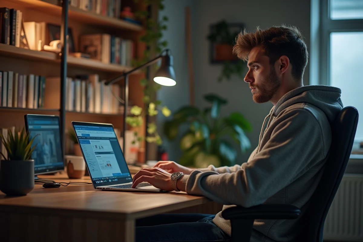 Jeune homme en hoodie regardant un site de streaming sportif