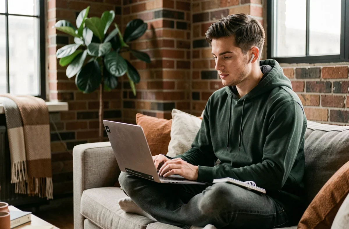 Jeune homme suivant un tutoriel de santé en ligne sur son ordinateur portable dans un appartement moderne, représentant l'accès aux ressources numériques pour comprendre l'e-santé