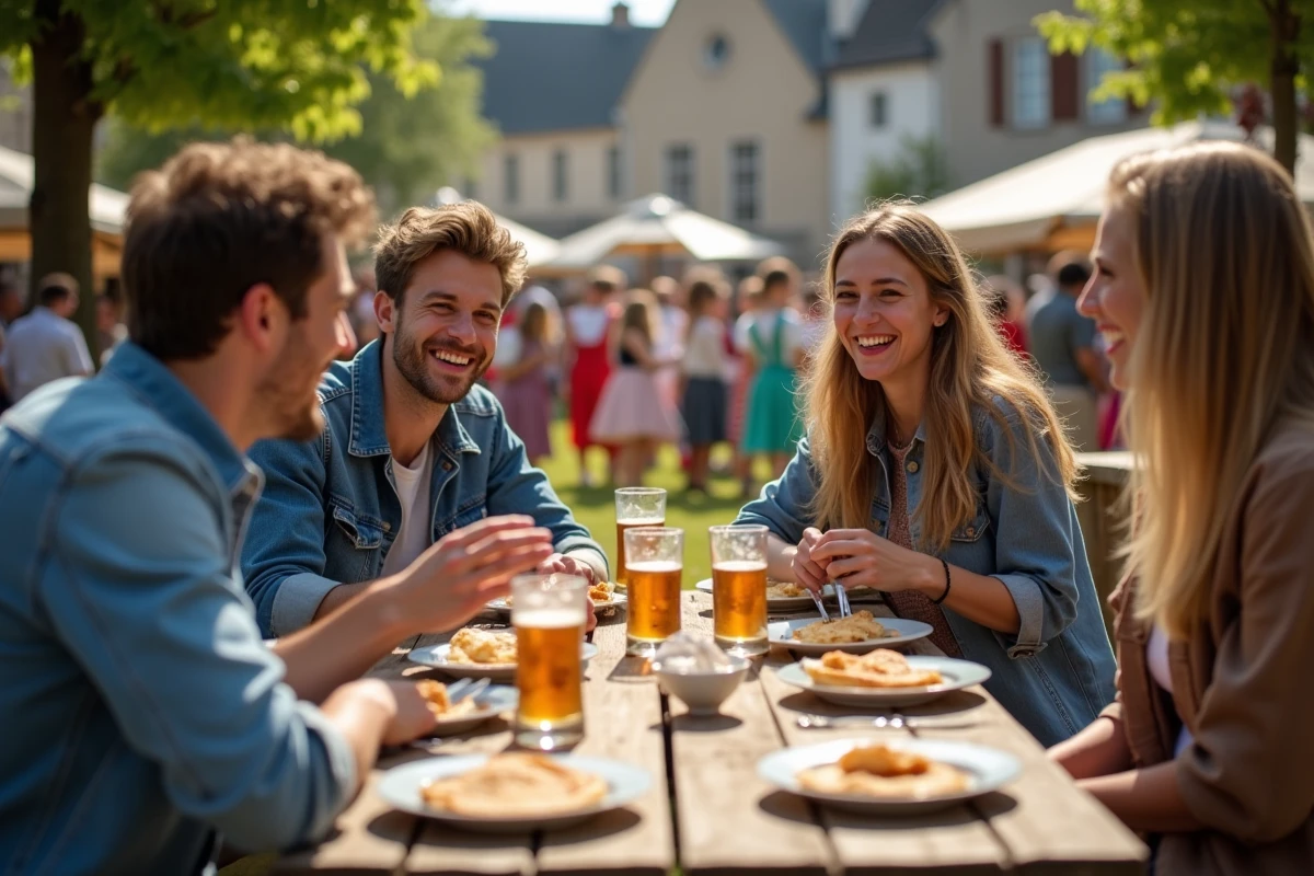 Jeunes bretons partageant crêpes et cidre lors d