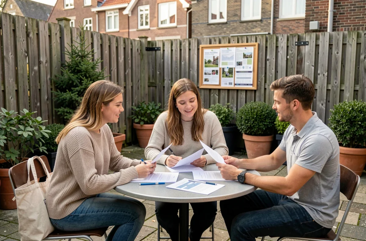 Trois jeunes professionnels discutant d'un projet d'économie solidaire dans la cour d'un incubateur à Gand