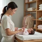 Maman change son bebe dans une nurserie chaleureuse