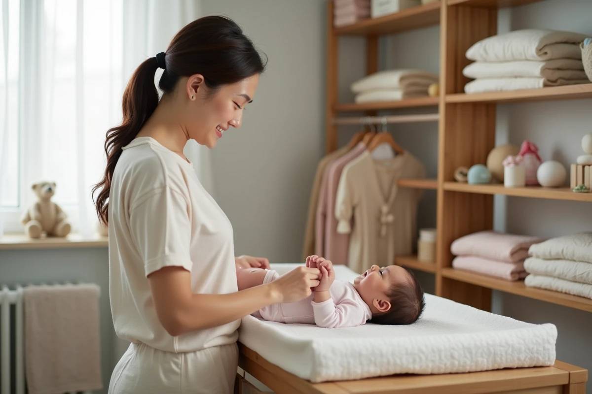 Maman change son bebe dans une nurserie chaleureuse