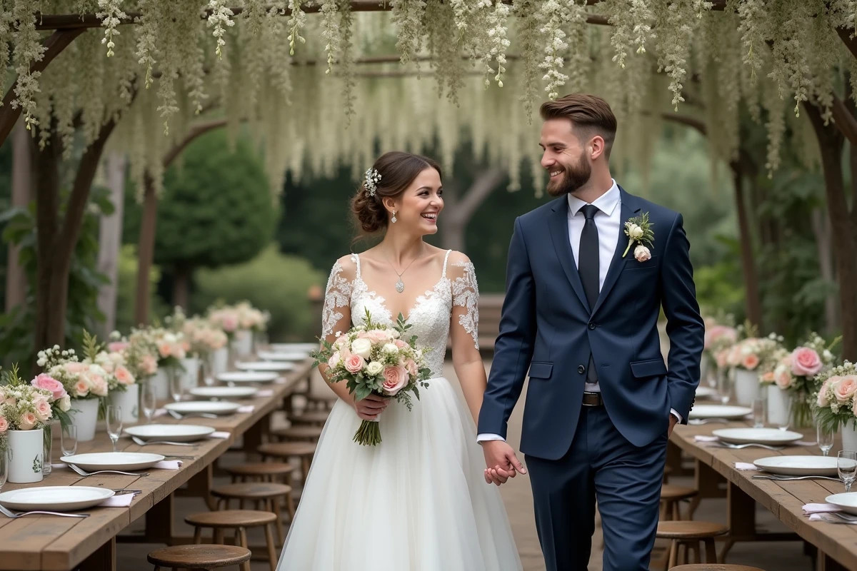 Mariage romantique avec mariée et marié dans un jardin