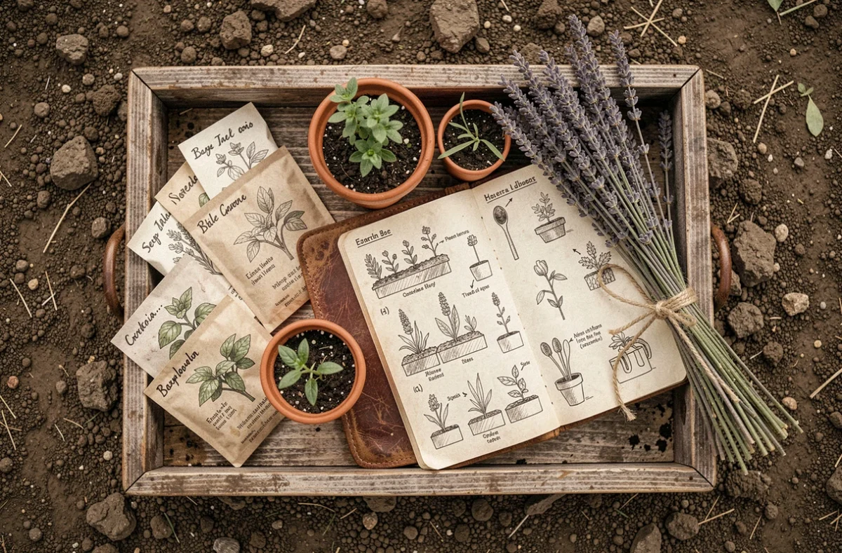 Vue aérienne d'un plateau de jardinage bio avec sachets de graines, pots en terre cuite, carnet de plantation et lavande séchée