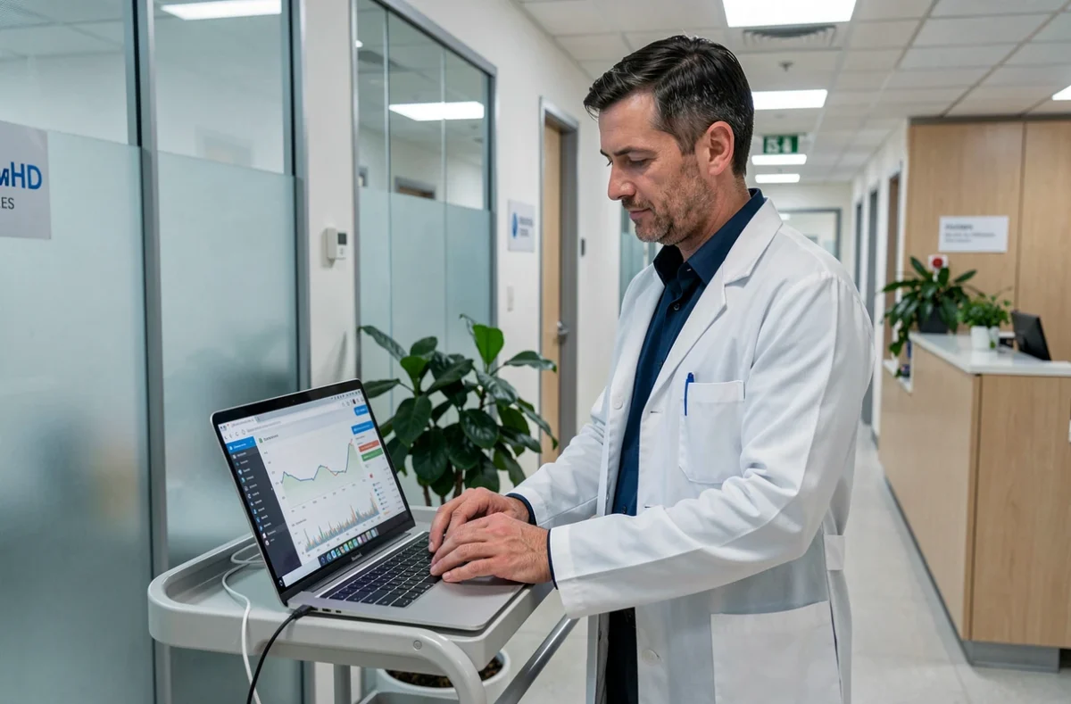 Médecin en blouse blanche consultant des données médicales numériques sur un ordinateur portable dans un couloir de clinique moderne, symbolisant l'intégration de l'e-santé en milieu médical