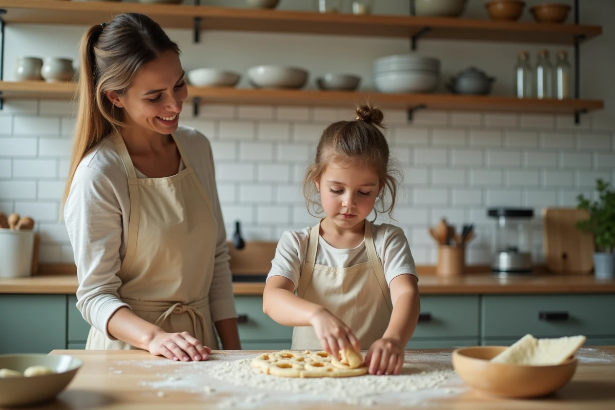 Mère et sa fille de 6 ans préparant des biscuits ensemble dans une cuisine familiale authentique
