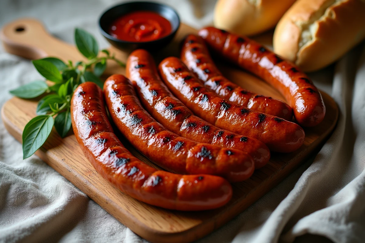 Merguez cuites à la poêle présentées sur une planche en bois avec harissa et baguette, vue de dessus