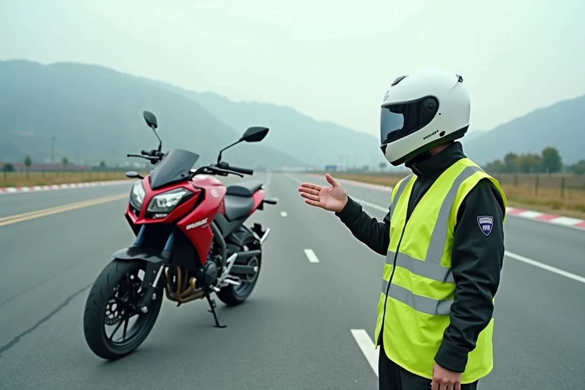 Moniteur moto en gilet jaune expliquant une manœuvre sur une moto 125cc lors d'une leçon pratique sur circuit en Italie